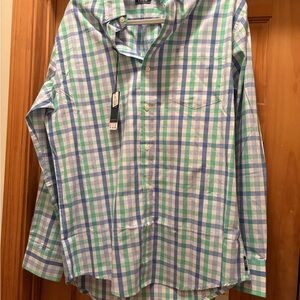 Izod Men's Light Blue and Green Checkered Shirt